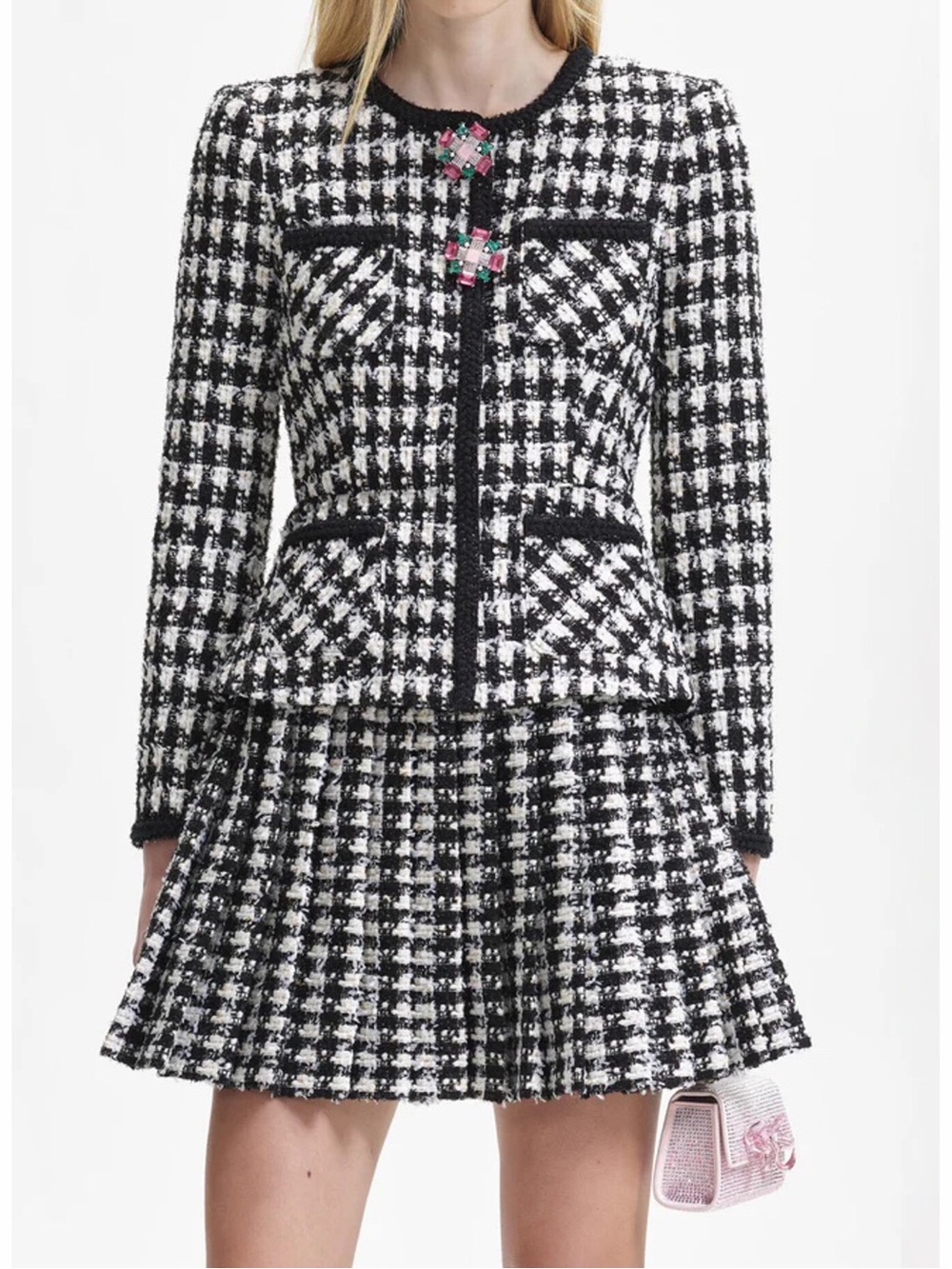SELF-PORTRAIT ABITO BLACK CHECK BOUCLE JACKET AND SKIRT SET SIZE 2 NWT.